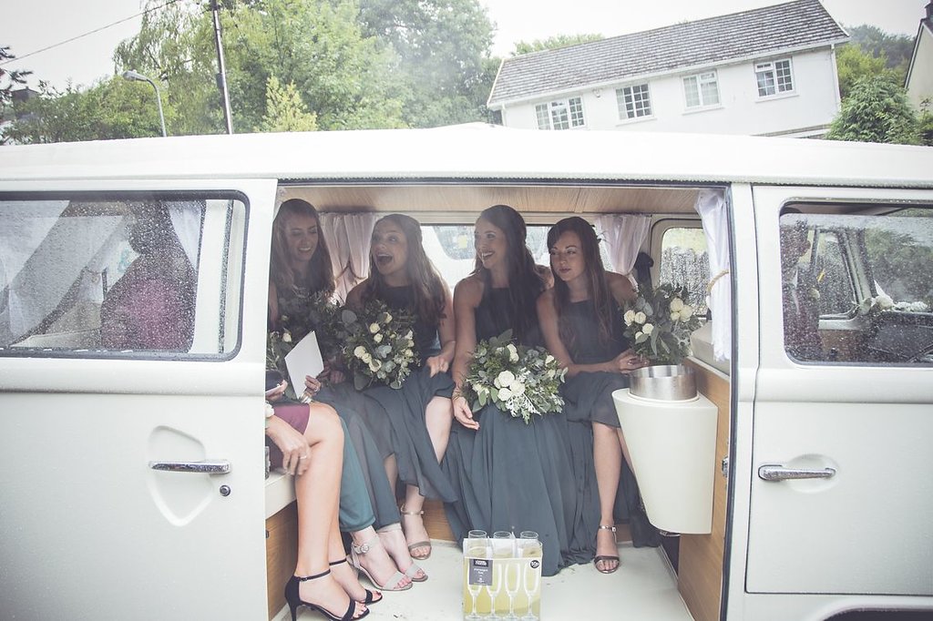 Bridesmaid in volkswagon at South Wales wedding